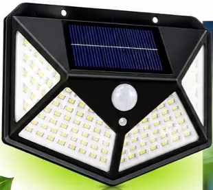 Solar LED Wall Light with its top solar panel, LED sections and central sensor, pictured in the client flyer