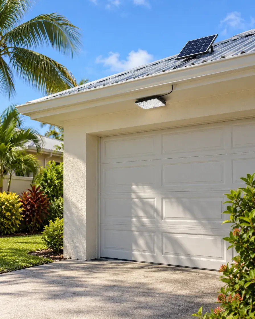 Installation illustration, daytime: a rectangular light beneath a Caribbean garage eave with a separate roof panel; equipment details are illustrative