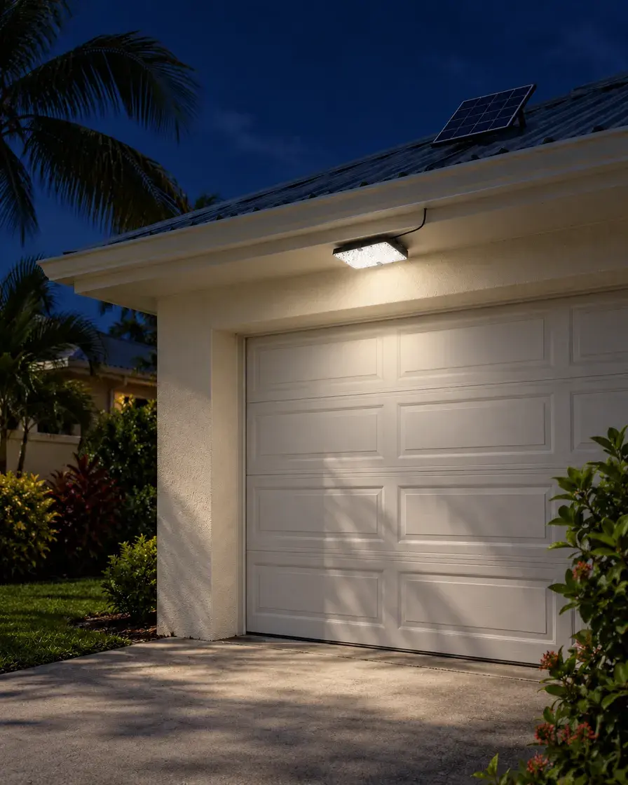Installation illustration, nighttime: a rectangular light beneath a Caribbean garage eave with a separate roof panel; equipment details are illustrative