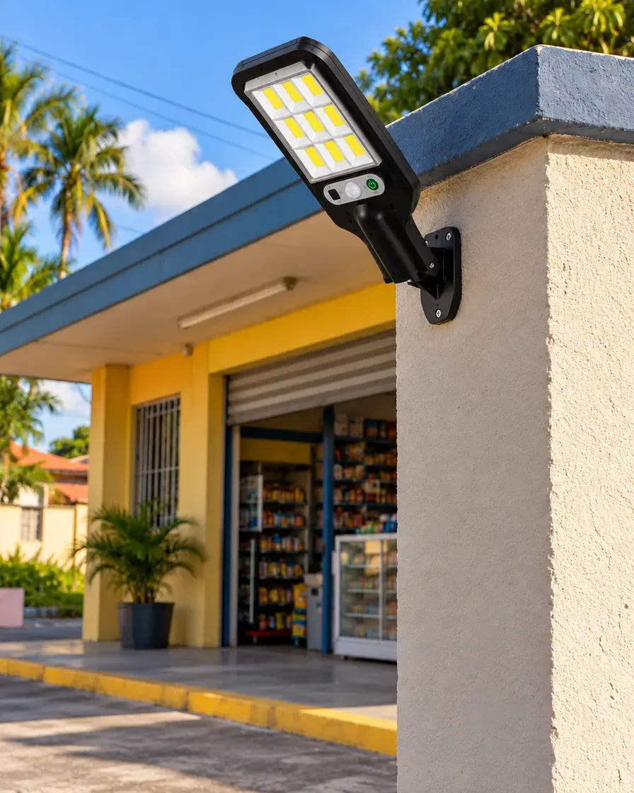 Installation illustration, daytime: Street Light with nine LED groups outside a small Caribbean shop