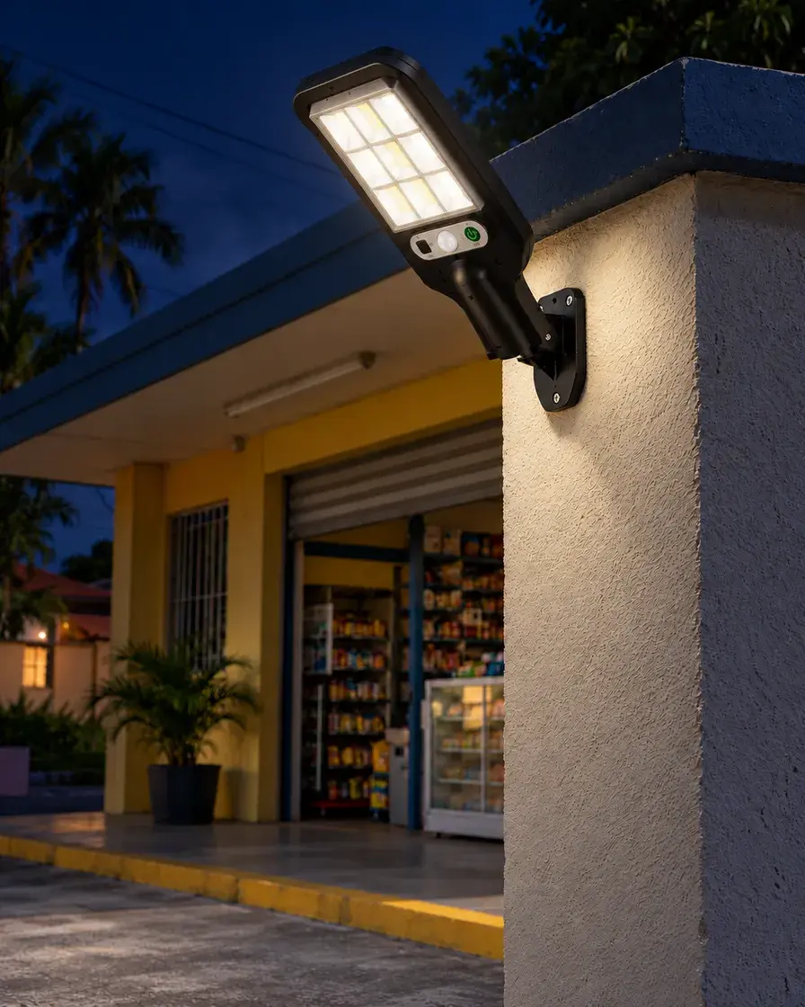 Installation illustration, nighttime: Street Light with nine LED groups outside a small Caribbean shop