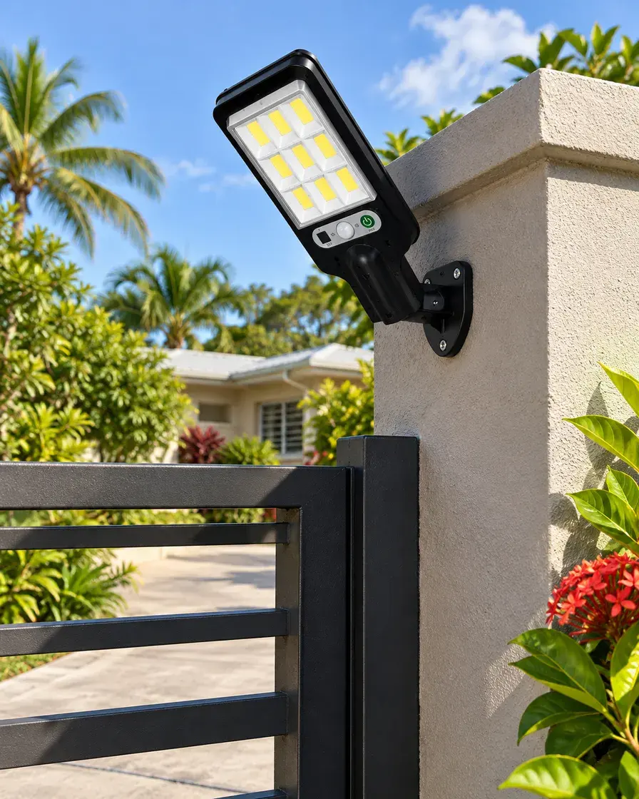 Installation illustration, daytime: Street Light with nine LED groups mounted beside a residential gate