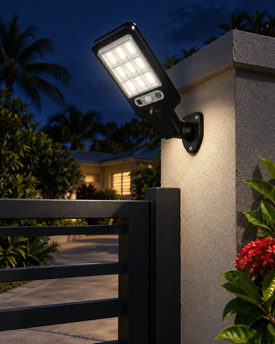 Installation illustration, nighttime: Street Light with nine LED groups mounted beside a residential gate