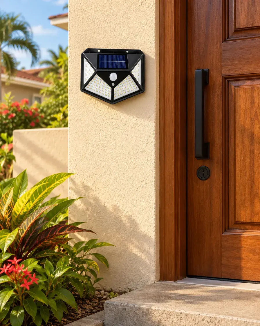 Installation illustration, daytime: faceted Wall Light beside a timber door at a Caribbean home