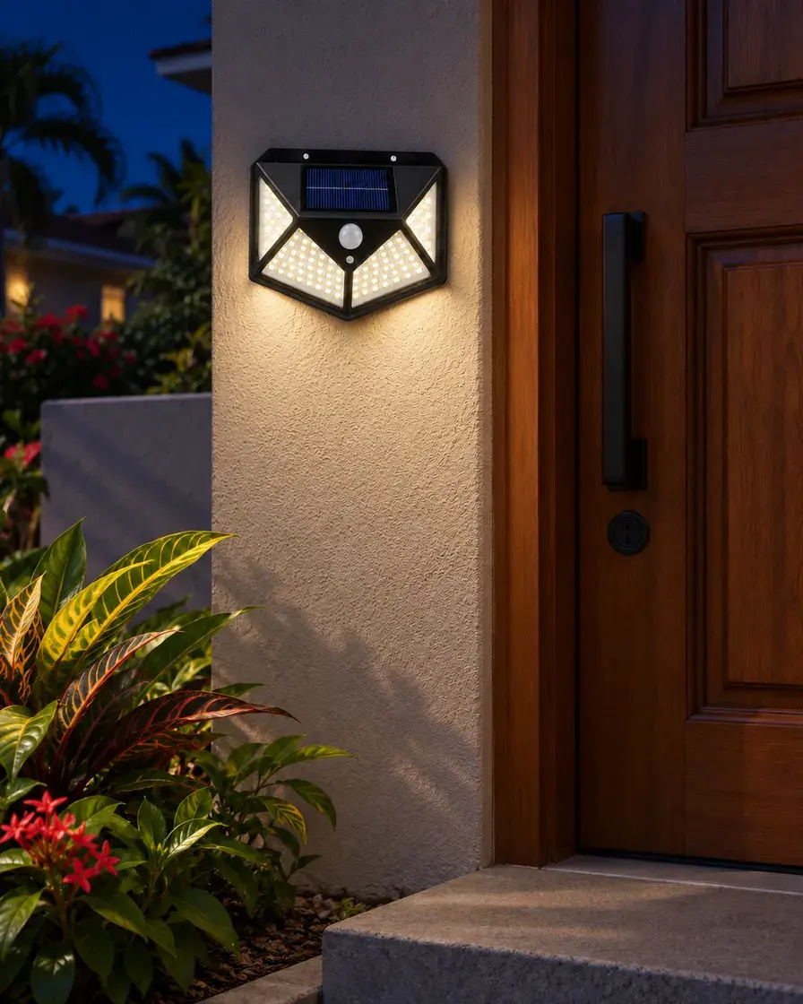 Installation illustration, nighttime: faceted Wall Light beside a timber door at a Caribbean home