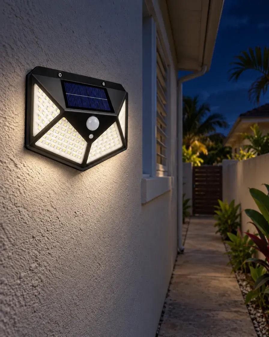 Installation illustration, nighttime: faceted Wall Light on a residential side-passage wall